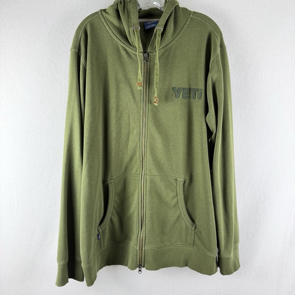 YETI Mens French Terry Hoodie Sz XXL Olive Green Leather Accents Outdoor Nature